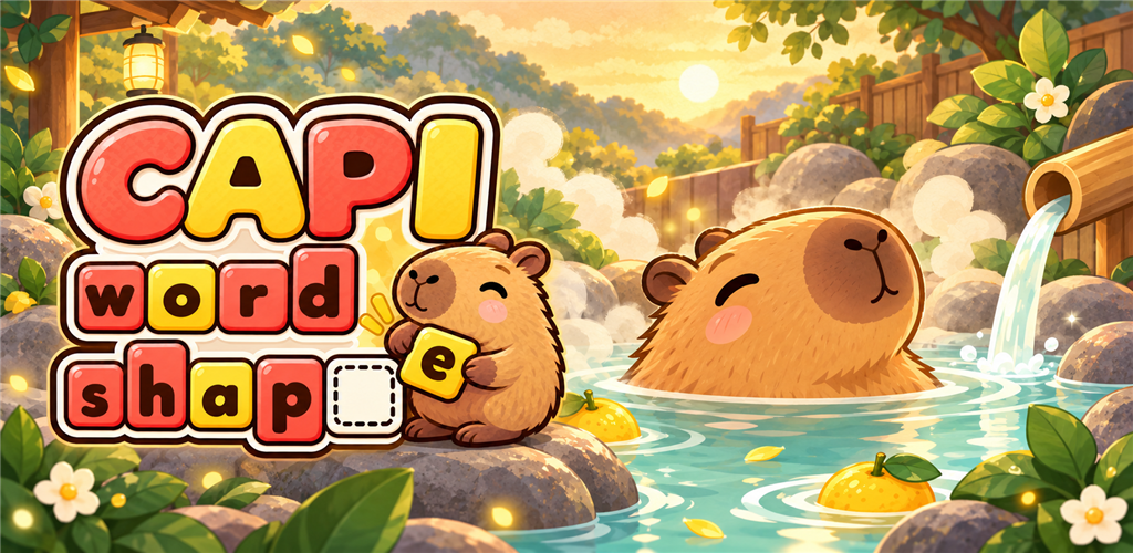 Capi Word Shape in a peaceful garden with a capybara in a hot spring