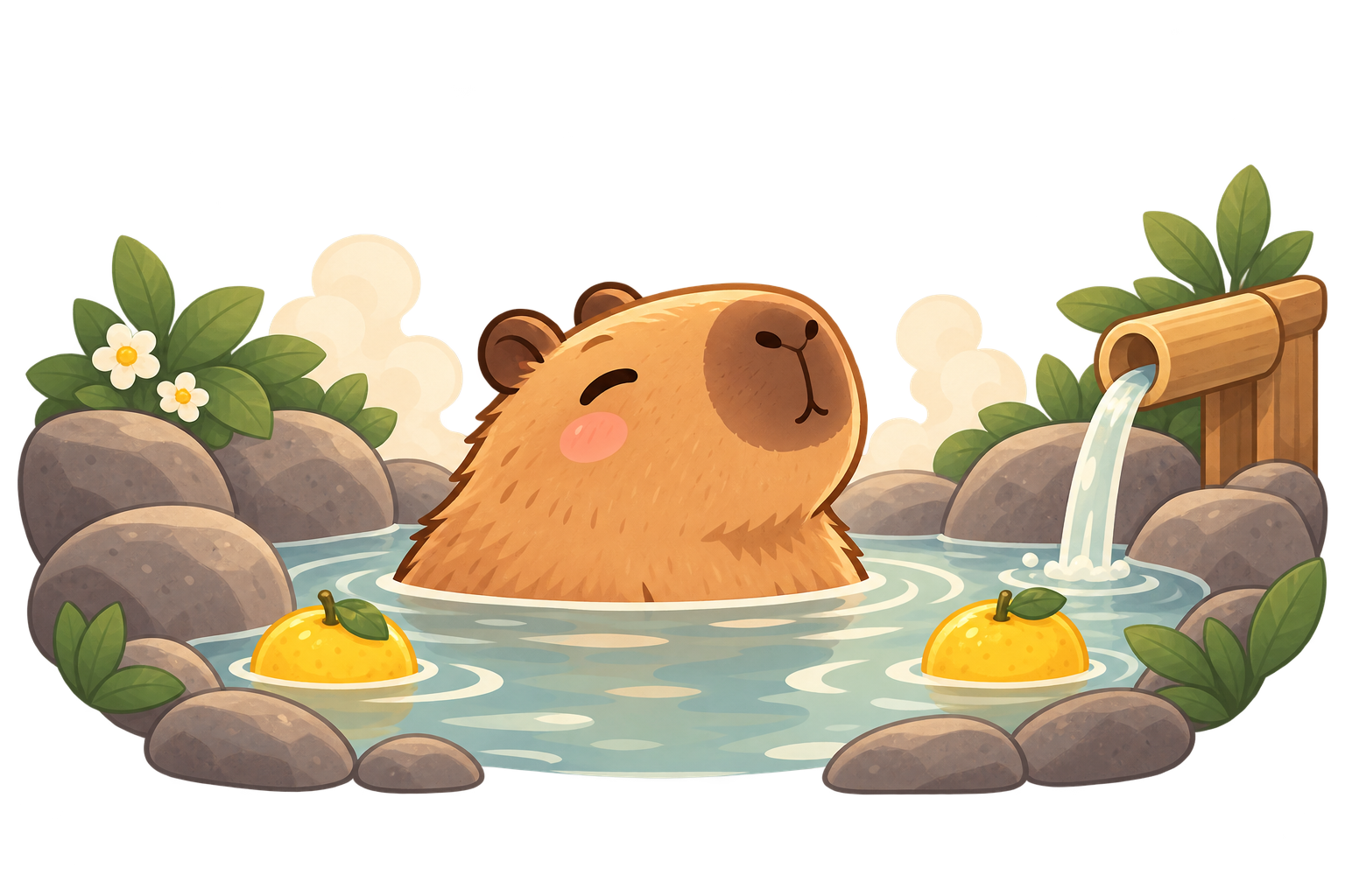 Capi relaxing in a warm outdoor bath with floating citrus fruit