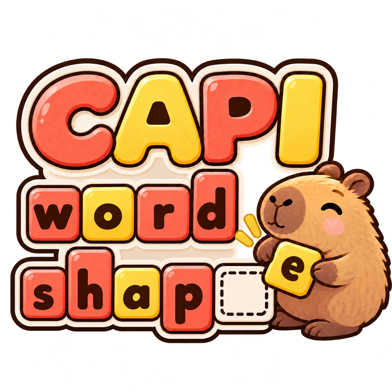 Capi Word Shape, a smiling capybara holding a letter tile